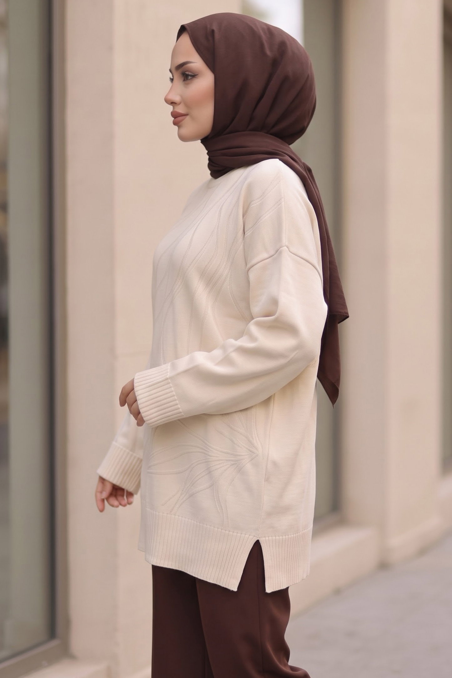 Kabartma Detaylı Triko Tunik Krem - 29283-KREM - 2