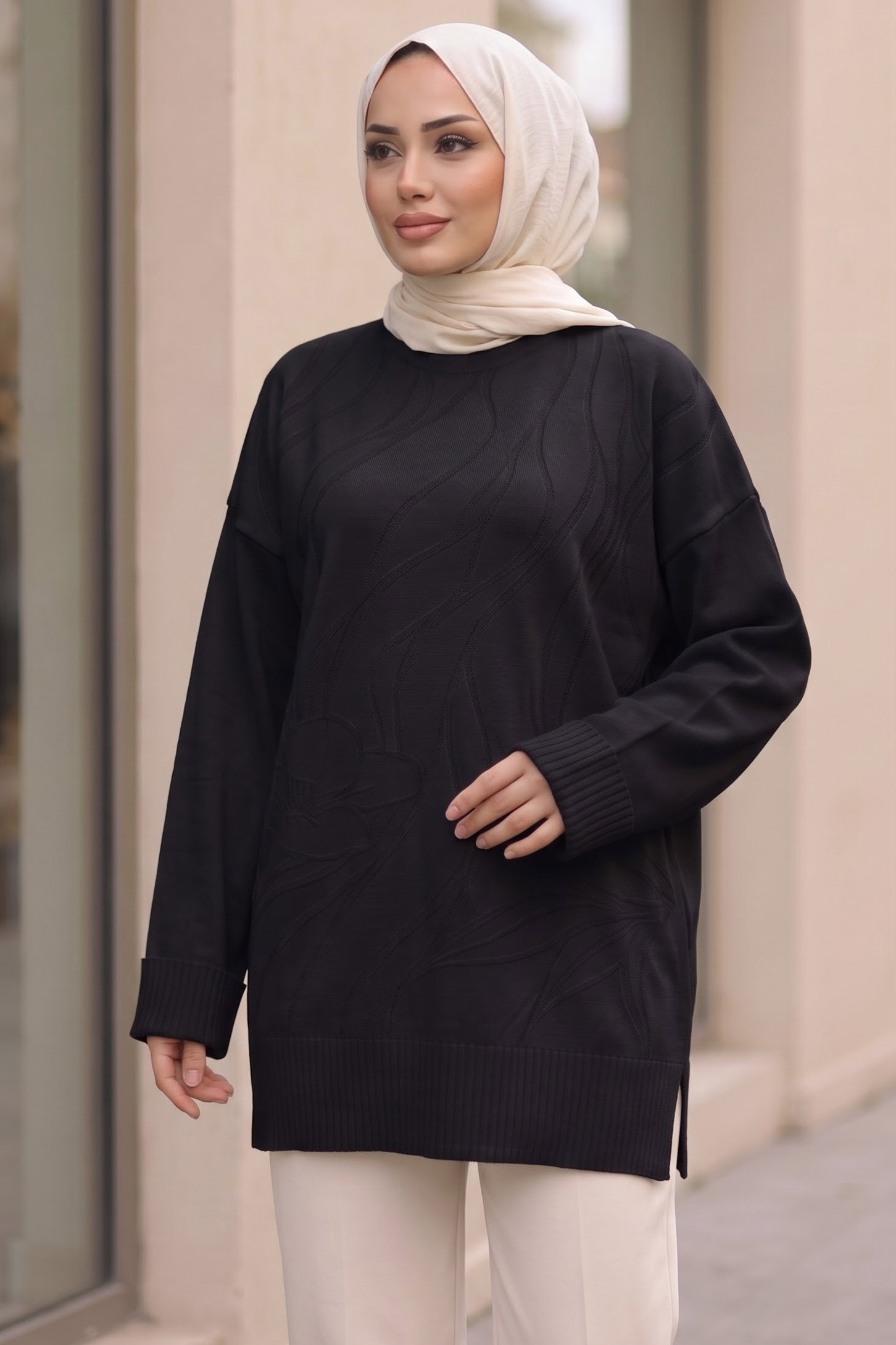 Kabartma Detaylı Triko Tunik Siyah - 29283-SIYAH - 1