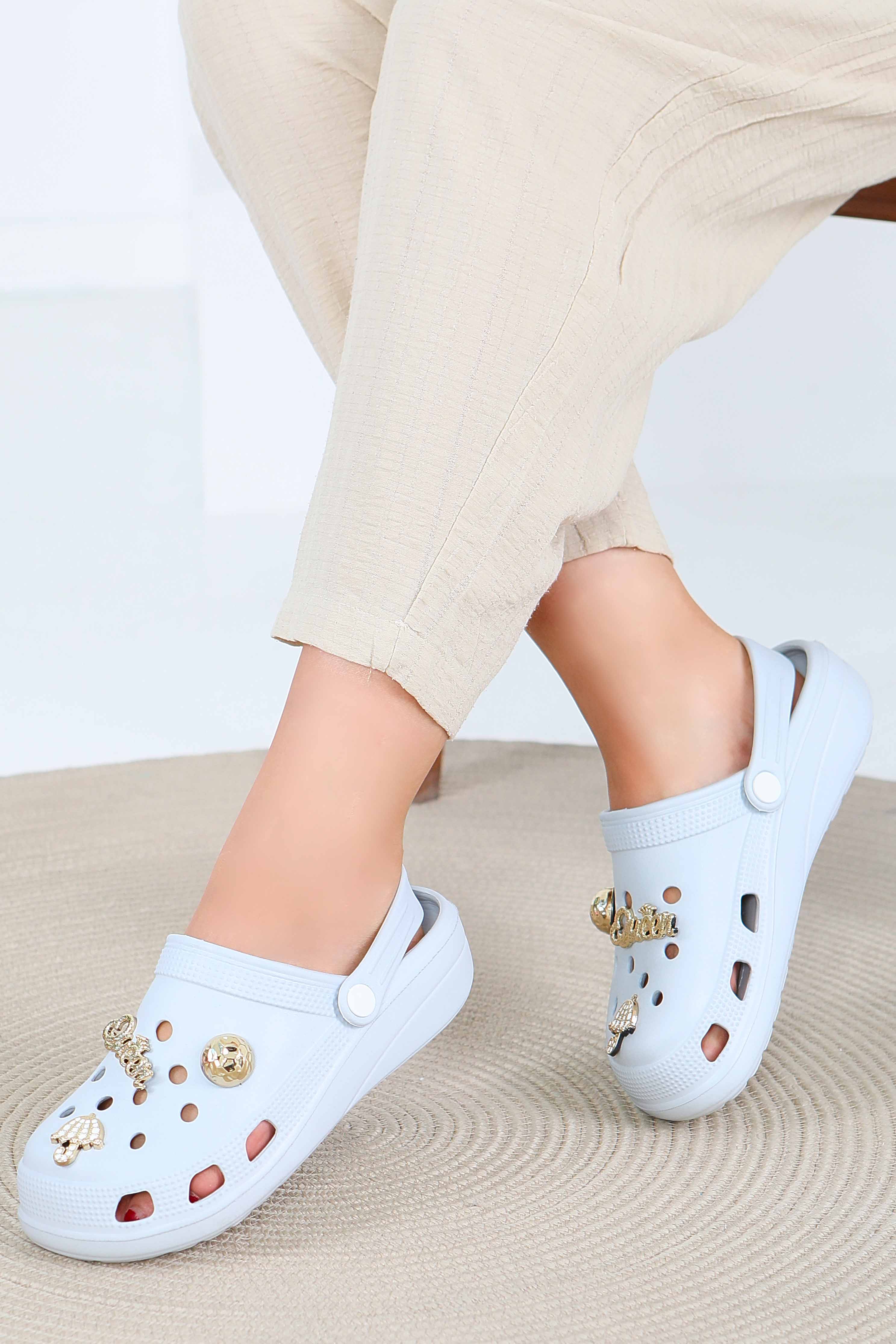 Kadın Açik Gri Taşlı Terlik - 27411 - 3