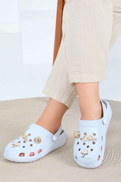 Kadın Açik Gri Taşlı Terlik - 27411 