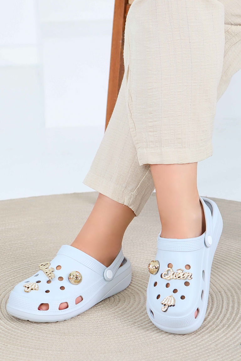 Kadın Açik Gri Taşlı Terlik - 27411 - TOFİSA