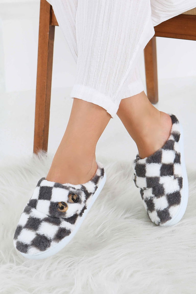 Kadın Antrasit Ekoseli Düğmeli Ev Terliği - 27780-ANTRASIT - TOFİSA