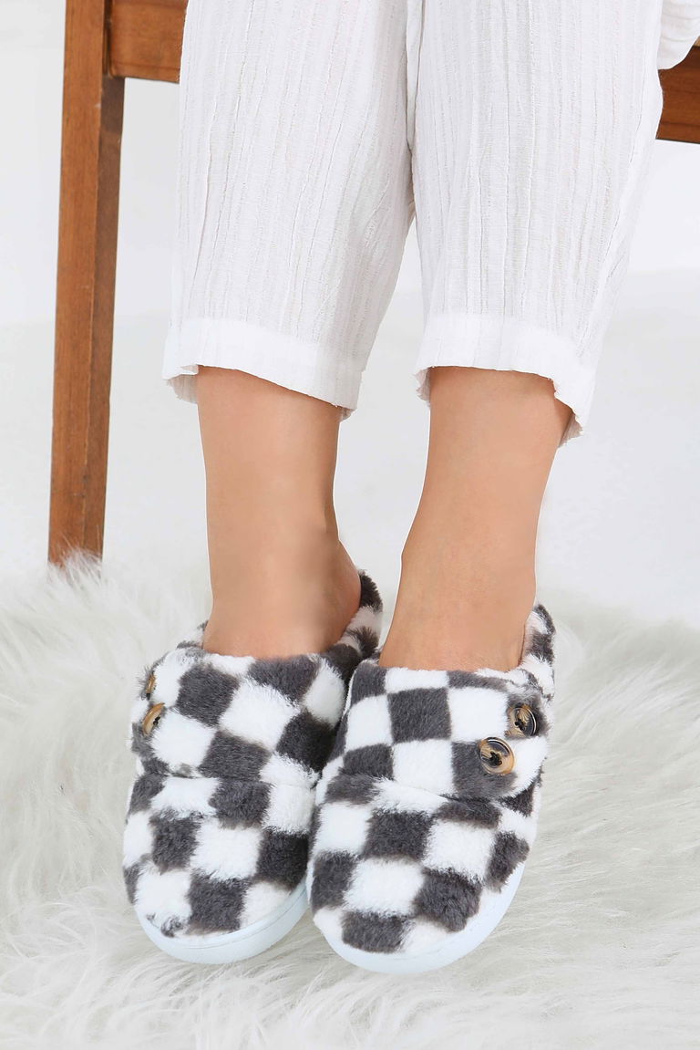 Kadın Antrasit Ekoseli Düğmeli Ev Terliği - 27780-ANTRASIT - TOFİSA