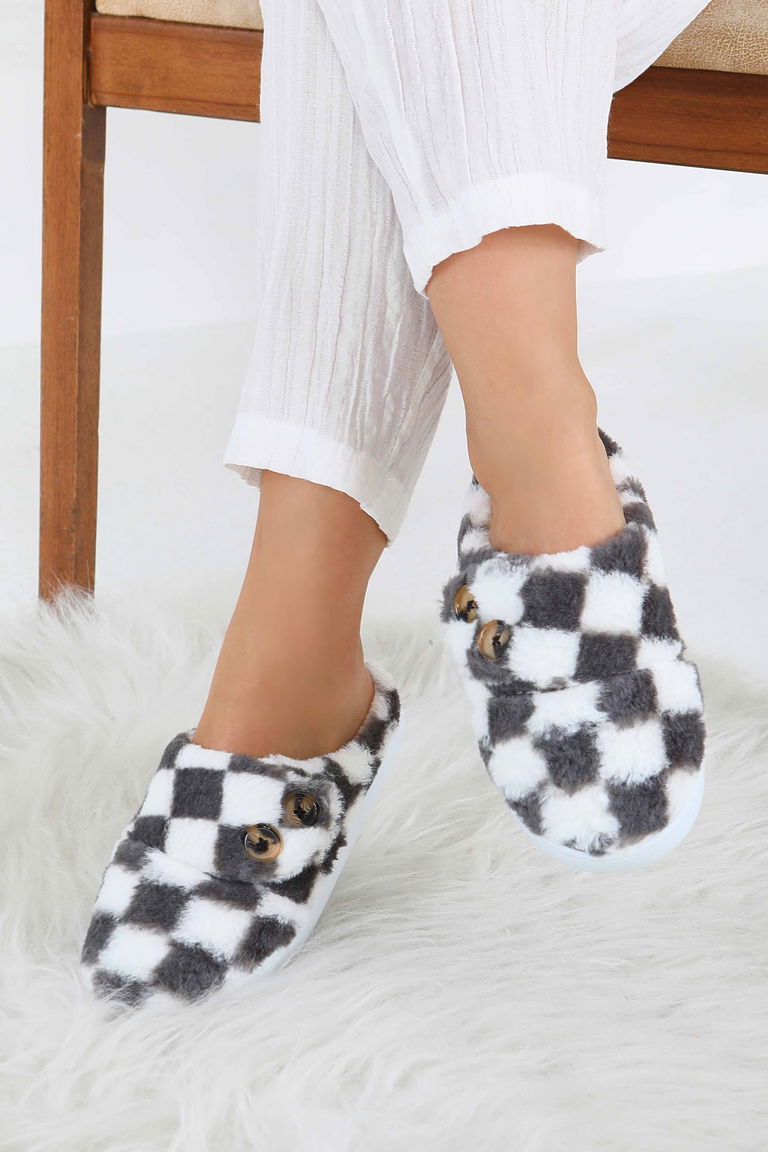 Kadın Antrasit Ekoseli Düğmeli Ev Terliği - 27780-ANTRASIT - TOFİSA