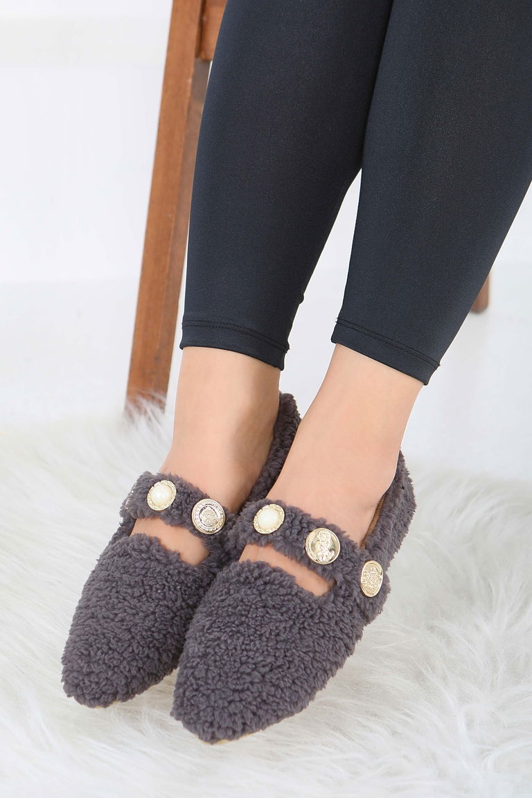 Kadın Antrasit İnci Ve Tuğra Detaylı Peluş Babet - 27911-ANTRASIT - TOFİSA