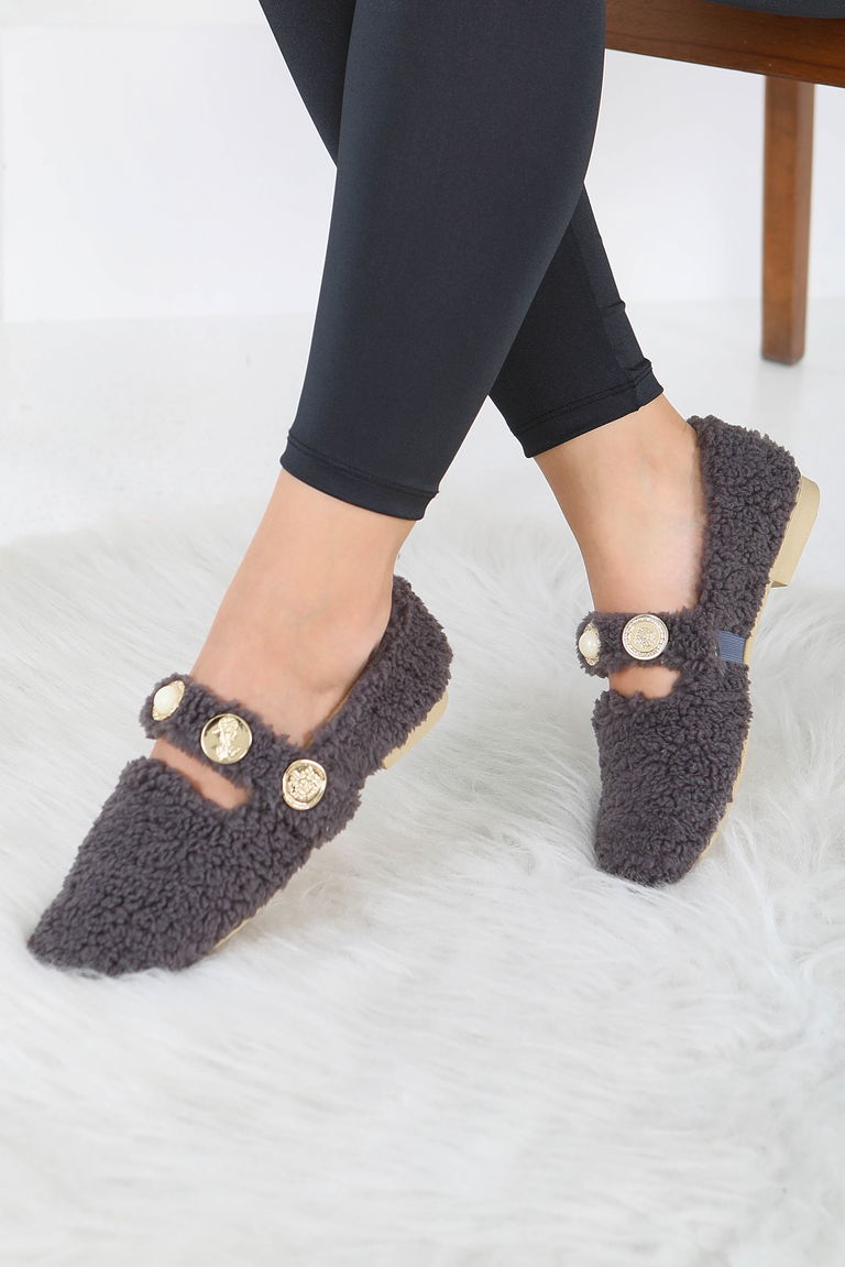 Kadın Antrasit İnci Ve Tuğra Detaylı Peluş Babet - 27911-ANTRASIT - TOFİSA