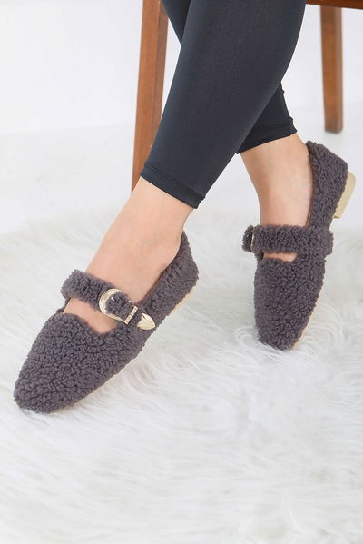 Kadın Antrasit Kemer Detaylı Peluş Babet - 27910-ANTRASIT 