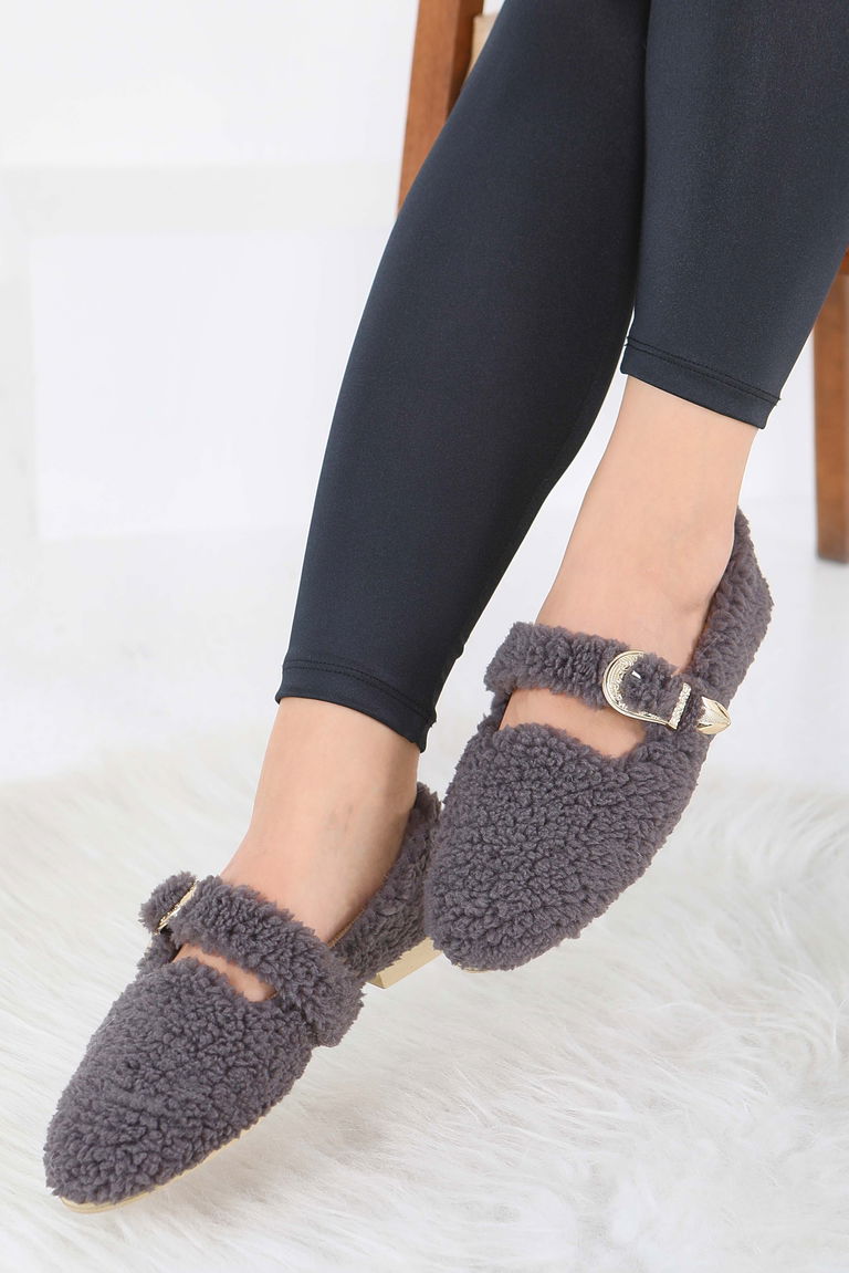 Kadın Antrasit Kemer Detaylı Peluş Babet - 27910-ANTRASIT - TOFİSA