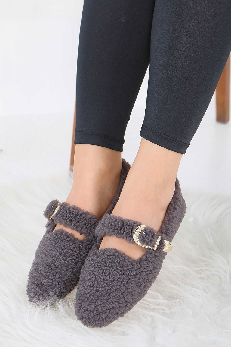 Kadın Antrasit Kemer Detaylı Peluş Babet - 27910-ANTRASIT - TOFİSA