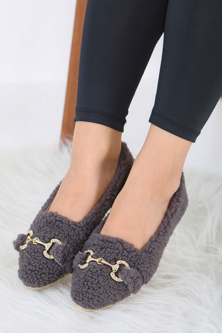 Kadın Antrasit Toka Detaylı Peluş Babet - 27913-ANTRASIT - TOFİSA