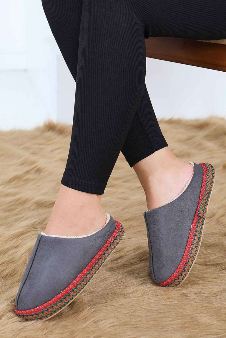 Kadın Antrasit Yanları Nakışlı Ev Terliği - 27781-ANTRASIT - TOFİSA