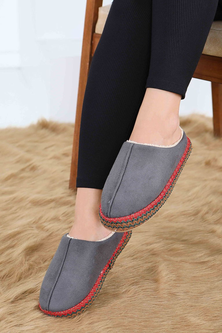 Kadın Antrasit Yanları Nakışlı Ev Terliği - 27781-ANTRASIT - TOFİSA