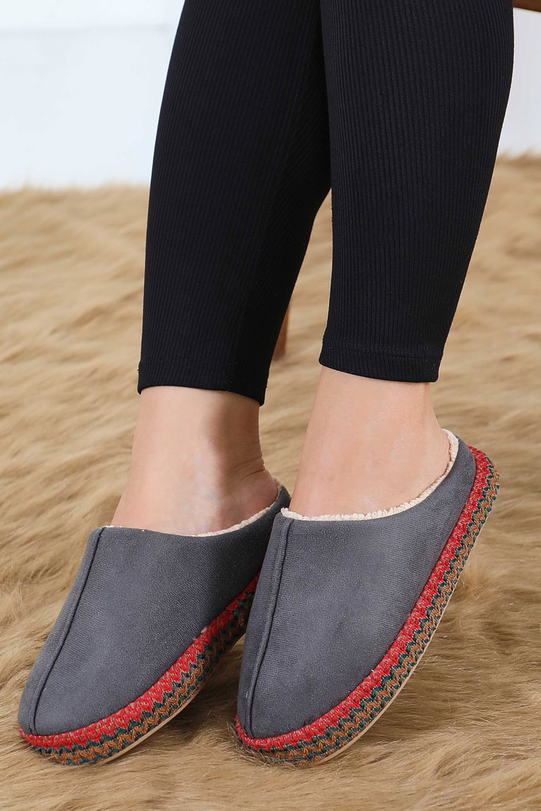 Kadın Antrasit Yanları Nakışlı Ev Terliği - 27781-ANTRASIT - TOFİSA