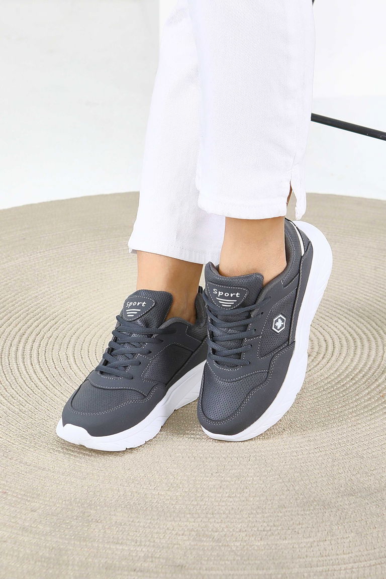 Kadın Antrasit Yüksek Tabanlı Suni Deri Spor Ayakkabı - 27616 - TOFİSA