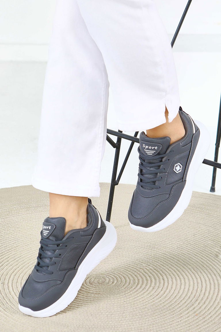 Kadın Antrasit Yüksek Tabanlı Suni Deri Spor Ayakkabı - 27616 - TOFİSA