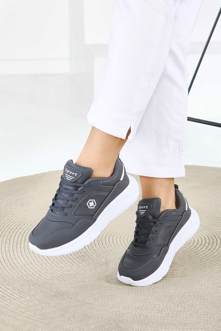 Kadın Antrasit Yüksek Tabanlı Suni Deri Spor Ayakkabı - 27616 - TOFİSA