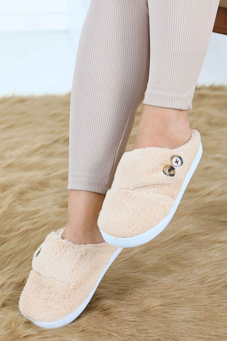 Kadın Bej Düğmeli Düz Ev Terliği - 27777-BEJ - TOFİSA