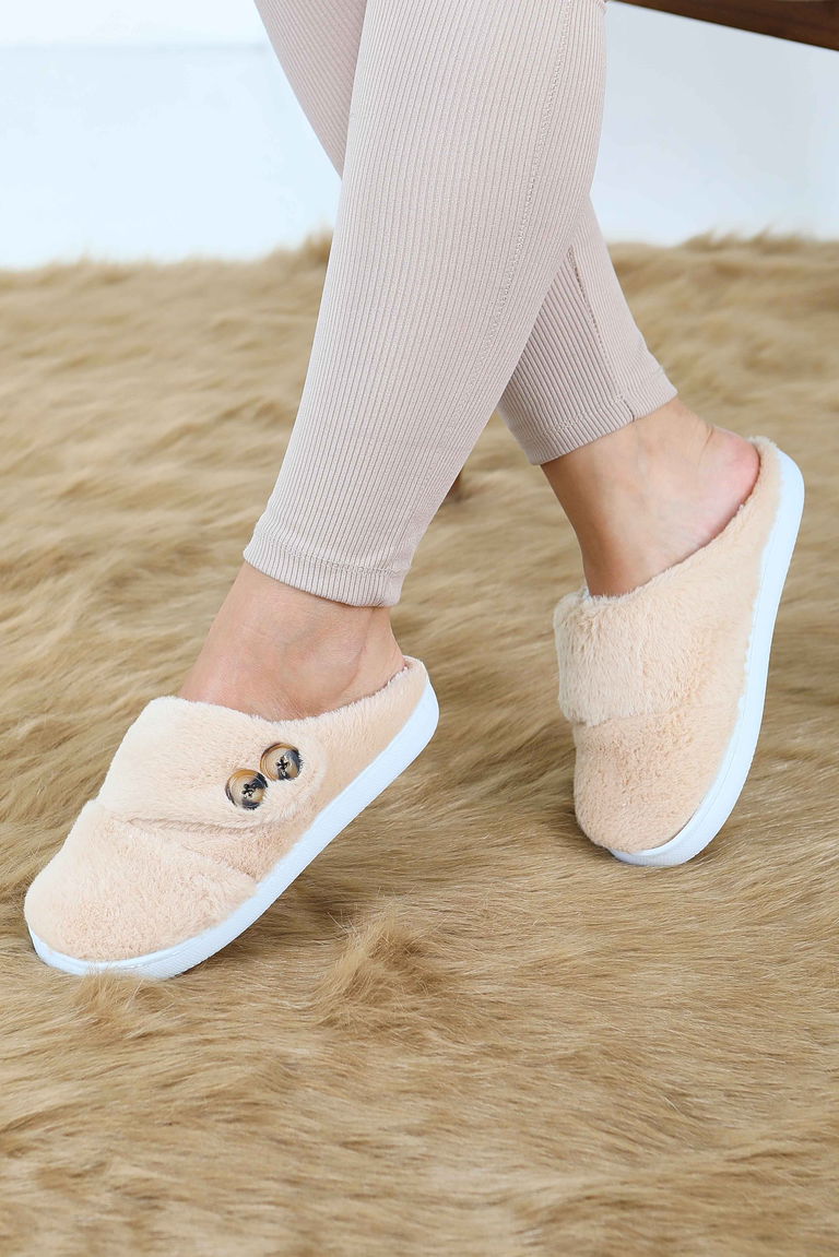 Kadın Bej Düğmeli Düz Ev Terliği - 27777-BEJ - TOFİSA