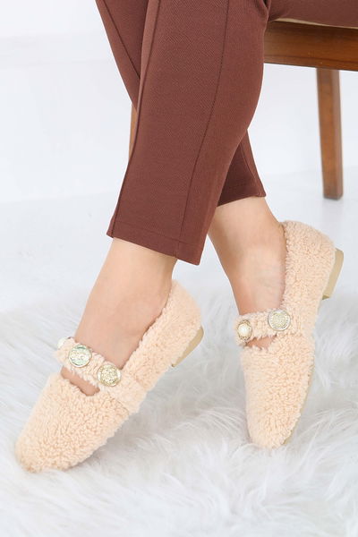 Kadın Bej İnci Ve Tuğra Detaylı Peluş Babet - 27911-BEJ 