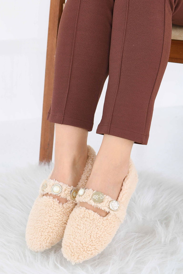 Kadın Bej İnci Ve Tuğra Detaylı Peluş Babet - 27911-BEJ - TOFİSA