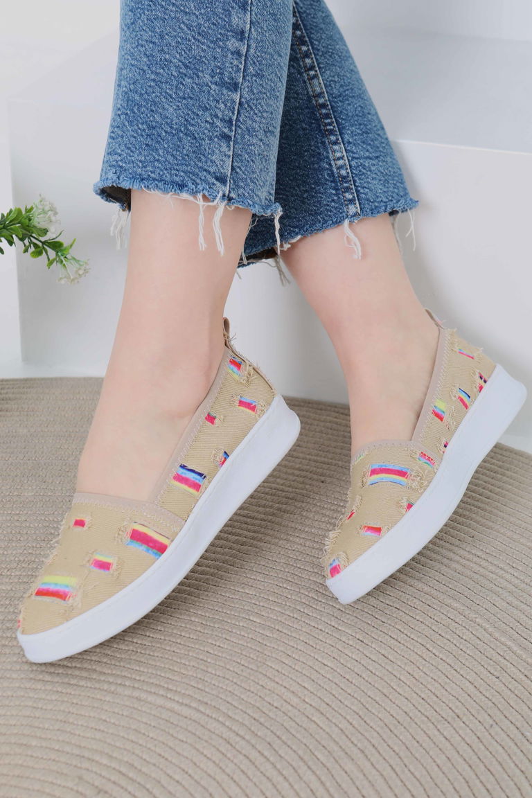 Kadın Bej Kare Renk Detaylı Babet - 27078 - TOFİSA