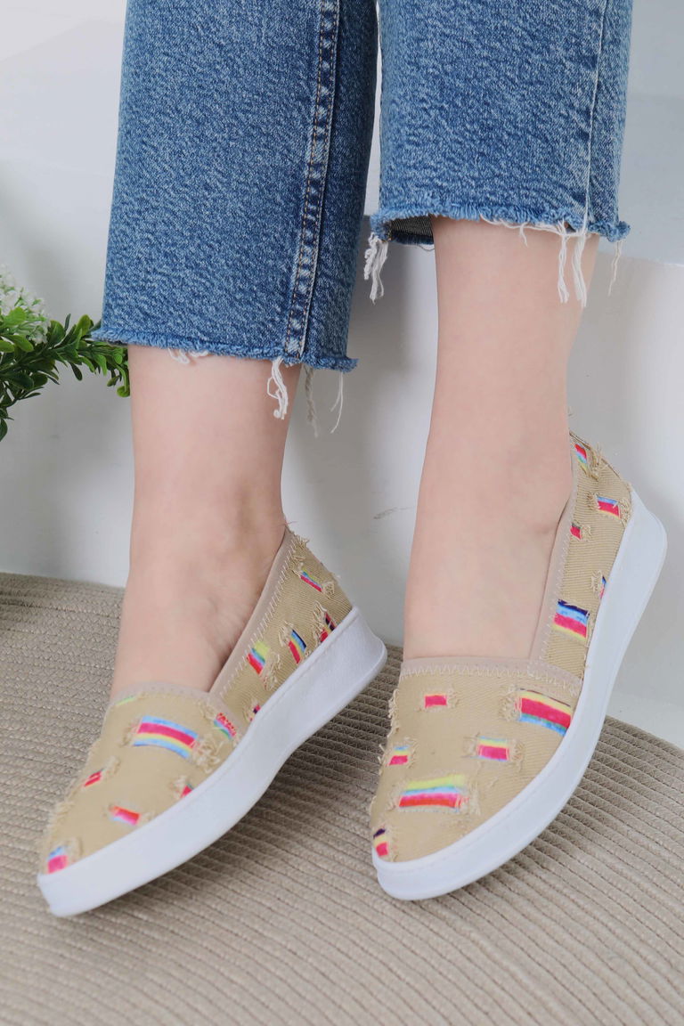 Kadın Bej Kare Renk Detaylı Babet - 27078 - TOFİSA