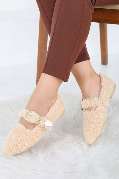 Kadın Bej Kemer Detaylı Peluş Babet - 27910-BEJ 