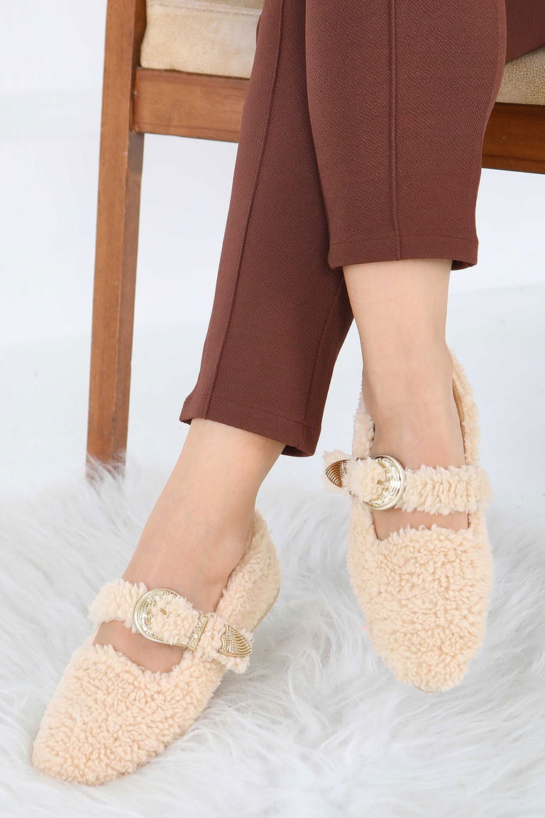 Kadın Bej Kemer Detaylı Peluş Babet - 27910-BEJ - TOFİSA