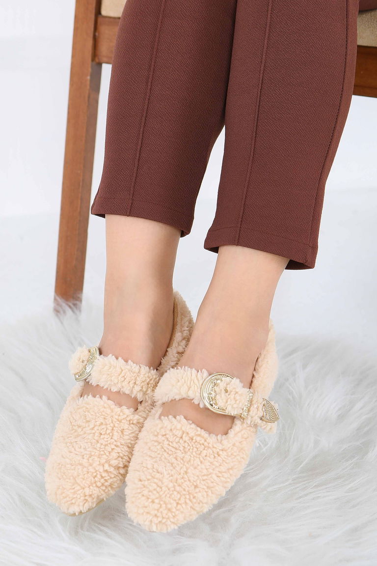 Kadın Bej Kemer Detaylı Peluş Babet - 27910-BEJ - TOFİSA