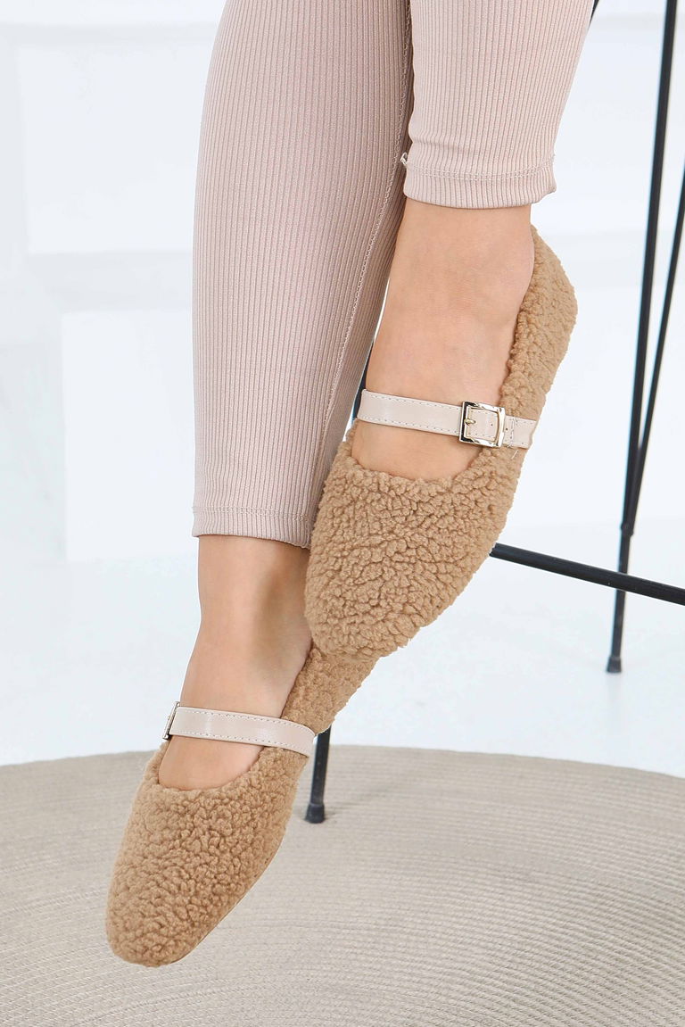 Kadın Bej Peluş Kemerli Babet - 27792-BEJ - TOFİSA