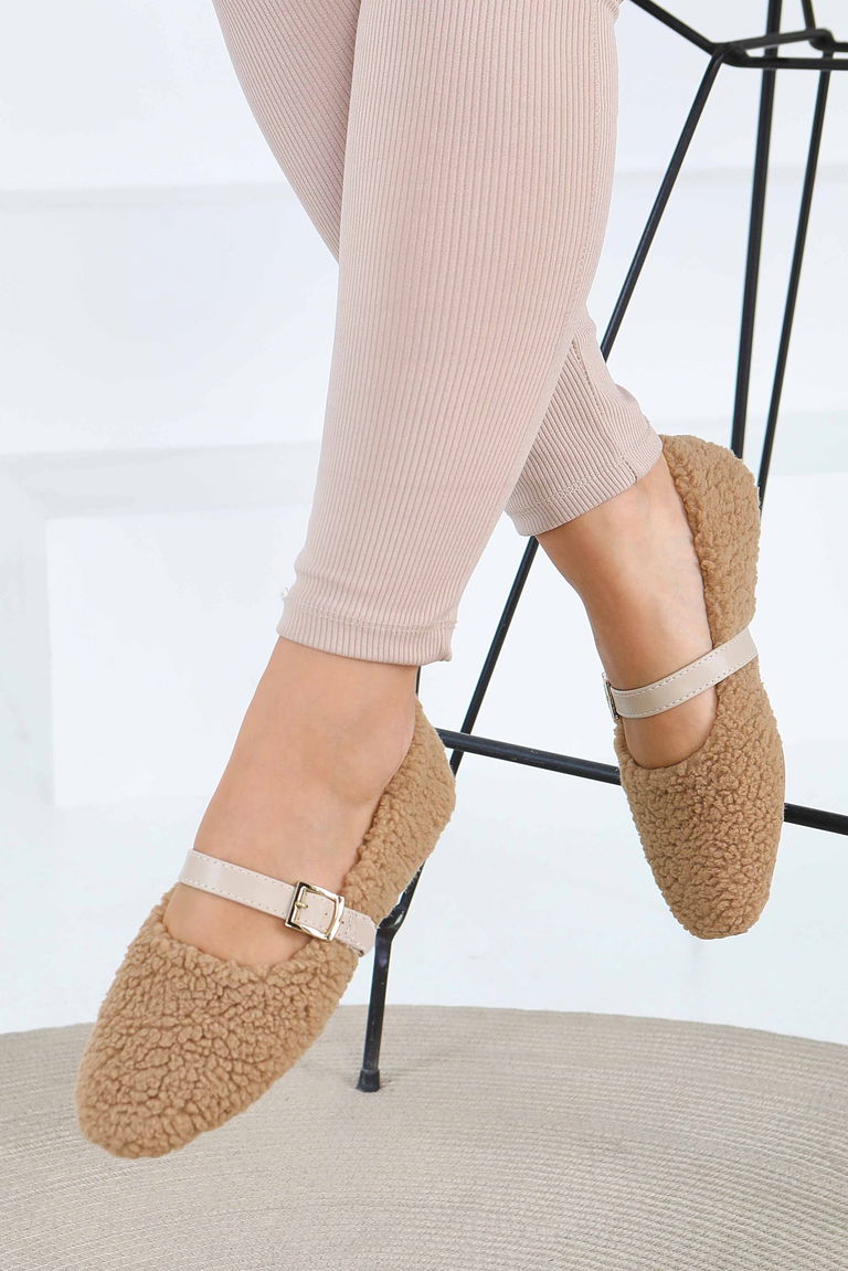 Kadın Bej Peluş Kemerli Babet - 27792-BEJ - TOFİSA