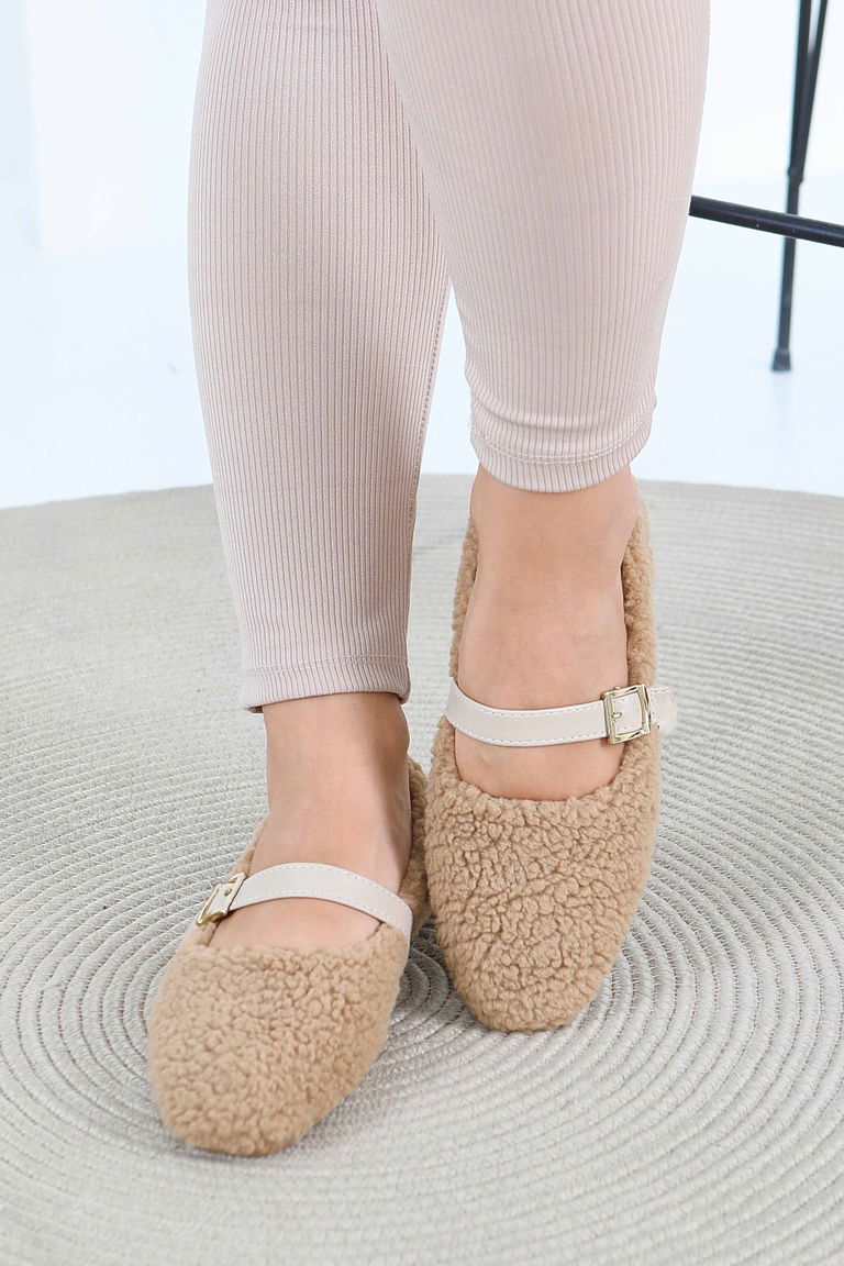 Kadın Bej Peluş Kemerli Babet - 27792-BEJ - TOFİSA