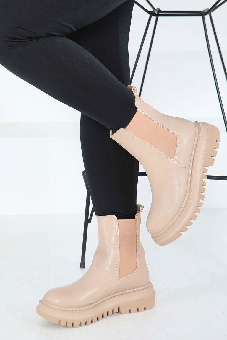 Kadın Bej Yanları Lastikli Suni Deri Bot - 27848-BEJ - TOFİSA