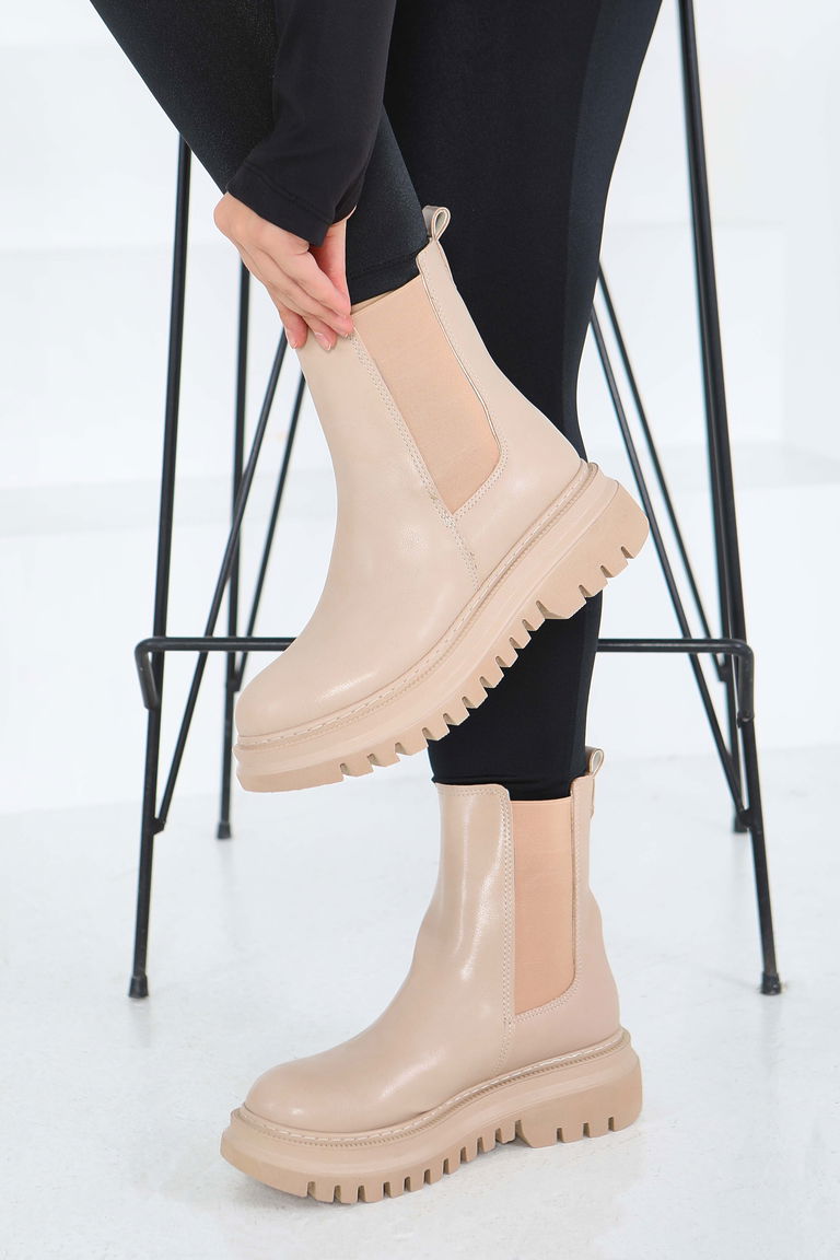 Kadın Bej Yanları Lastikli Suni Deri Bot - 27848-BEJ - TOFİSA