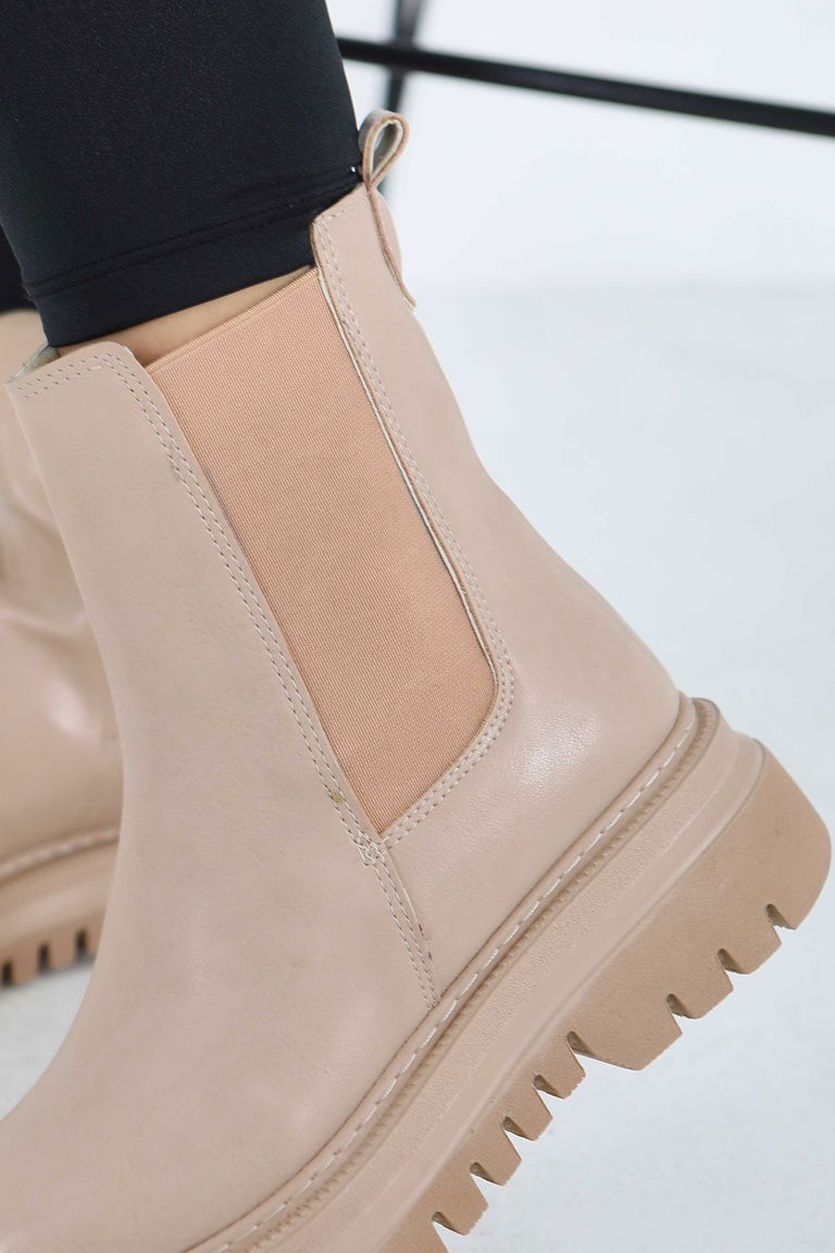 Kadın Bej Yanları Lastikli Suni Deri Bot - 27848-BEJ - TOFİSA