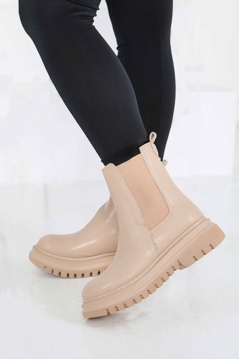 Kadın Bej Yanları Lastikli Suni Deri Bot - 27848-BEJ - TOFİSA
