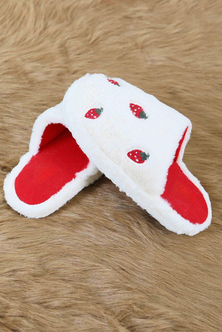 Kadın Beyaz Çilek Detaylı Peluş Ev Terliği - 27774-BEYAZ - TOFİSA