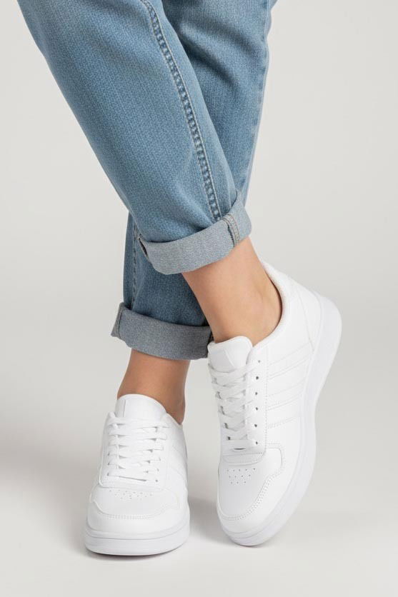 Kadın Beyaz Çizgili Suni Deri Spor Ayakkabı - 27888-BEYAZ - TOFİSA