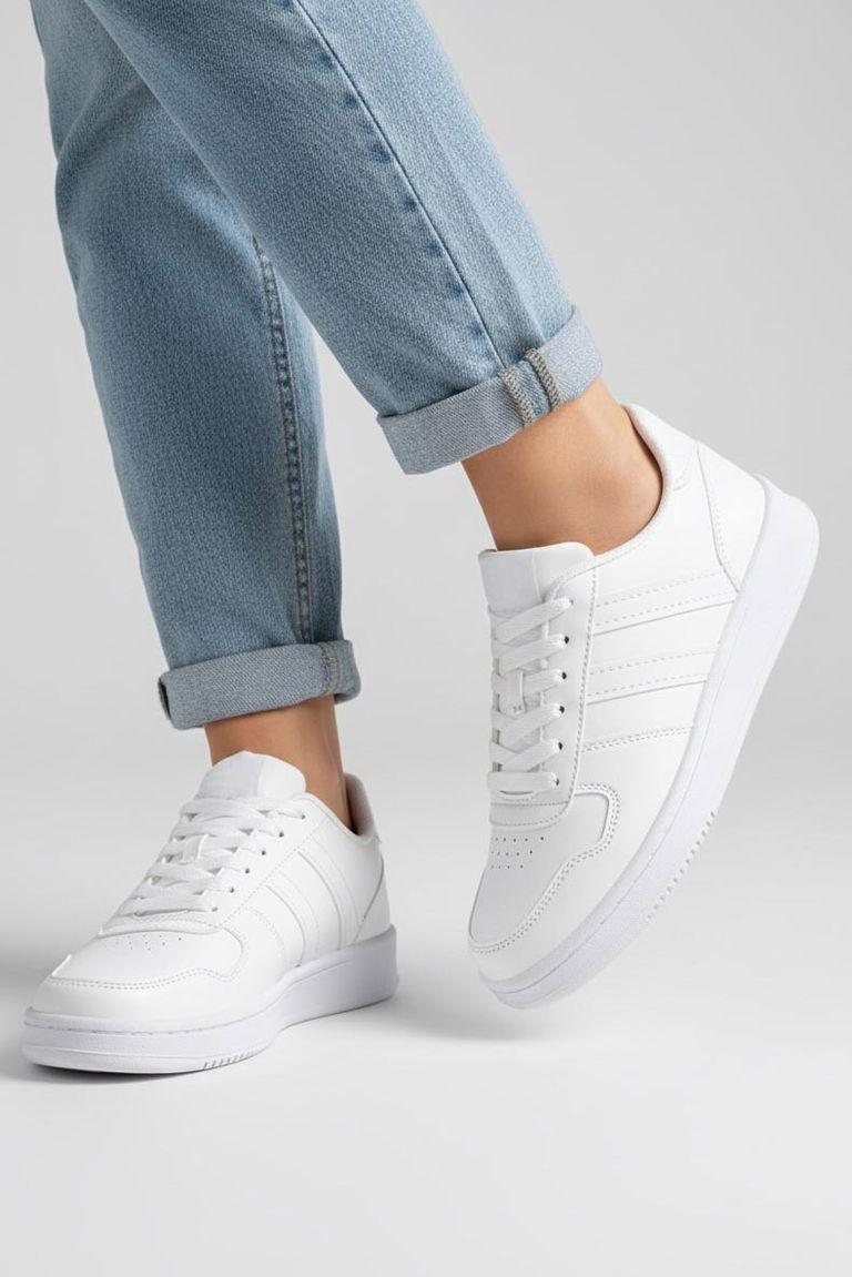 Kadın Beyaz Çizgili Suni Deri Spor Ayakkabı - 27888-BEYAZ - TOFİSA