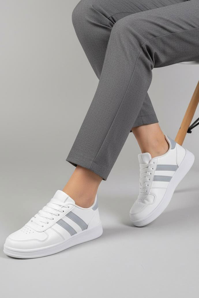 Kadın Beyaz Gri Çizgili Suni Deri Spor Ayakkabı - 27888-BEYAZ-GRI - TOFİSA