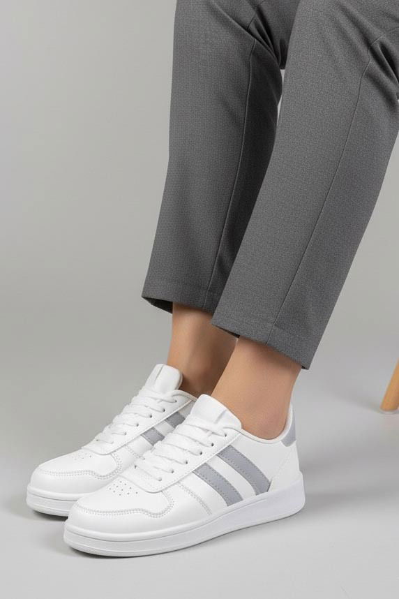 Kadın Beyaz Gri Çizgili Suni Deri Spor Ayakkabı - 27888-BEYAZ-GRI - TOFİSA