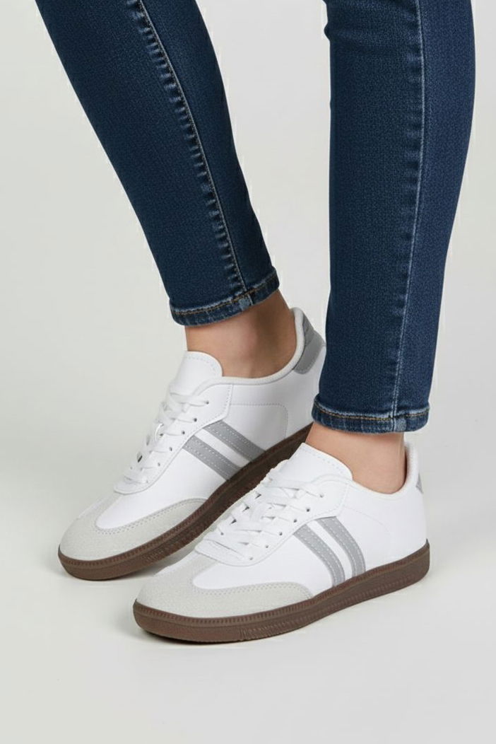 Kadın Beyaz Gri Süet Detatlı Spor Ayakkabı - 28105-BEYAZ-GRI - TOFİSA