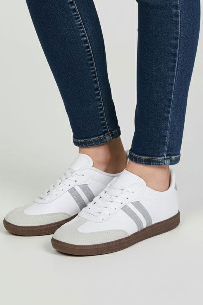 Kadın Beyaz Gri Süet Detatlı Spor Ayakkabı - 28105-BEYAZ-GRI - TOFİSA