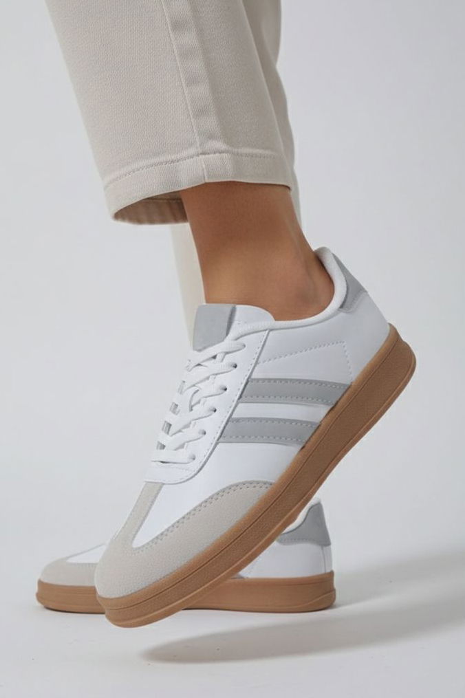 Kadın Beyaz Gri Süet Detatlı Spor Ayakkabı - 28106-BEYAZ-GRI - 1