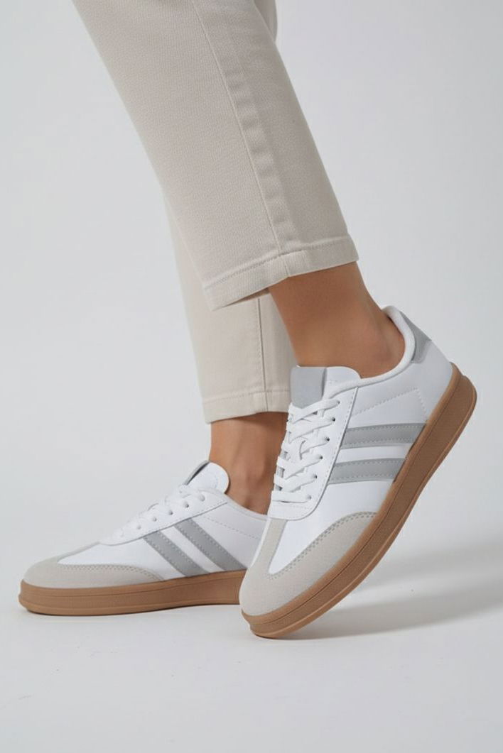 Kadın Beyaz Gri Süet Detatlı Spor Ayakkabı - 28106-BEYAZ-GRI - 2