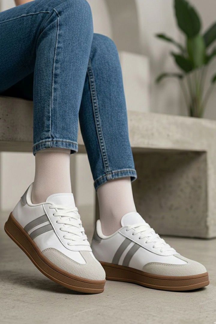 Kadın Beyaz Gri Süet Detaylı Ayakkabı - 27480-BEYAZ-GRI - 1