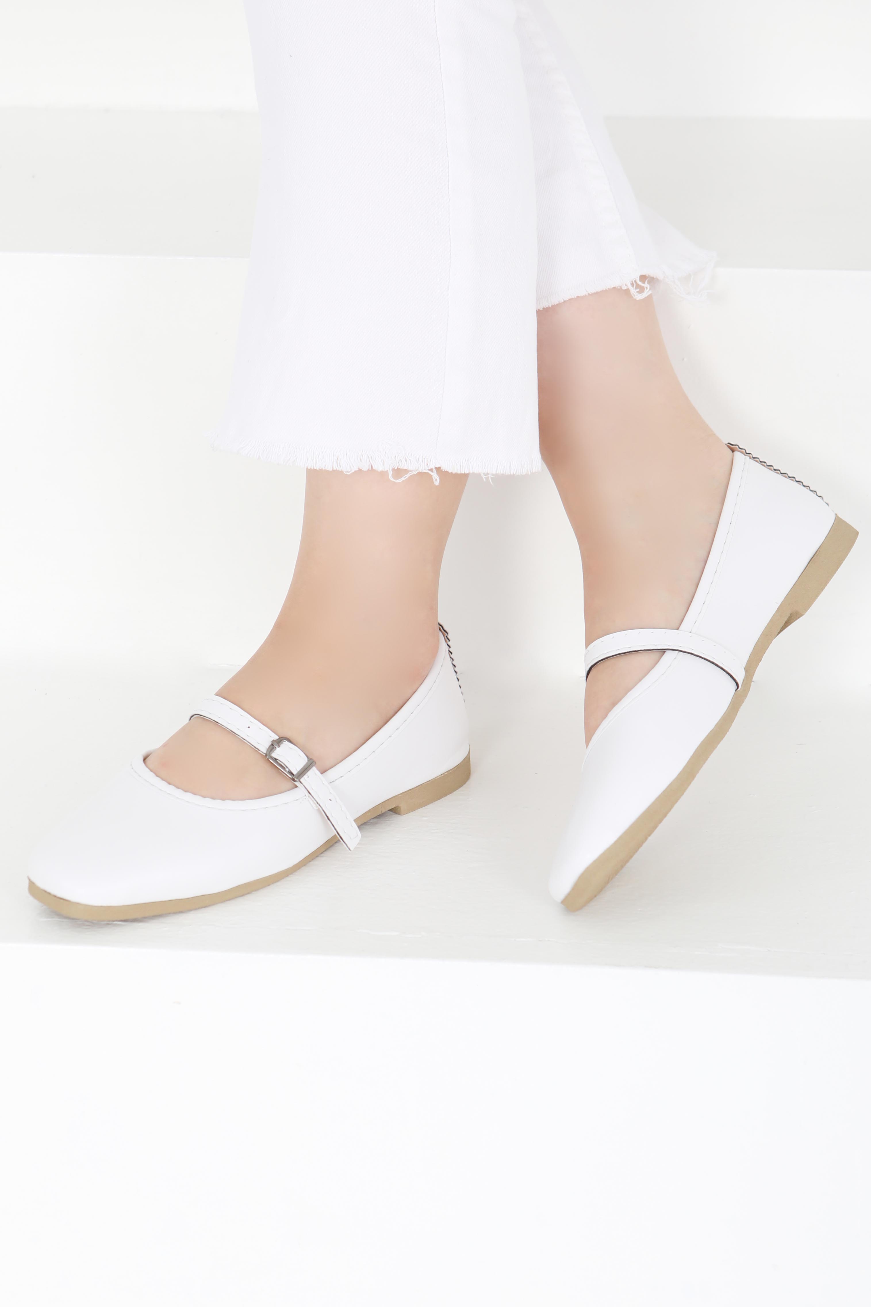 Kadın Beyaz Kemer Tokalı Babet - 27401 - 3