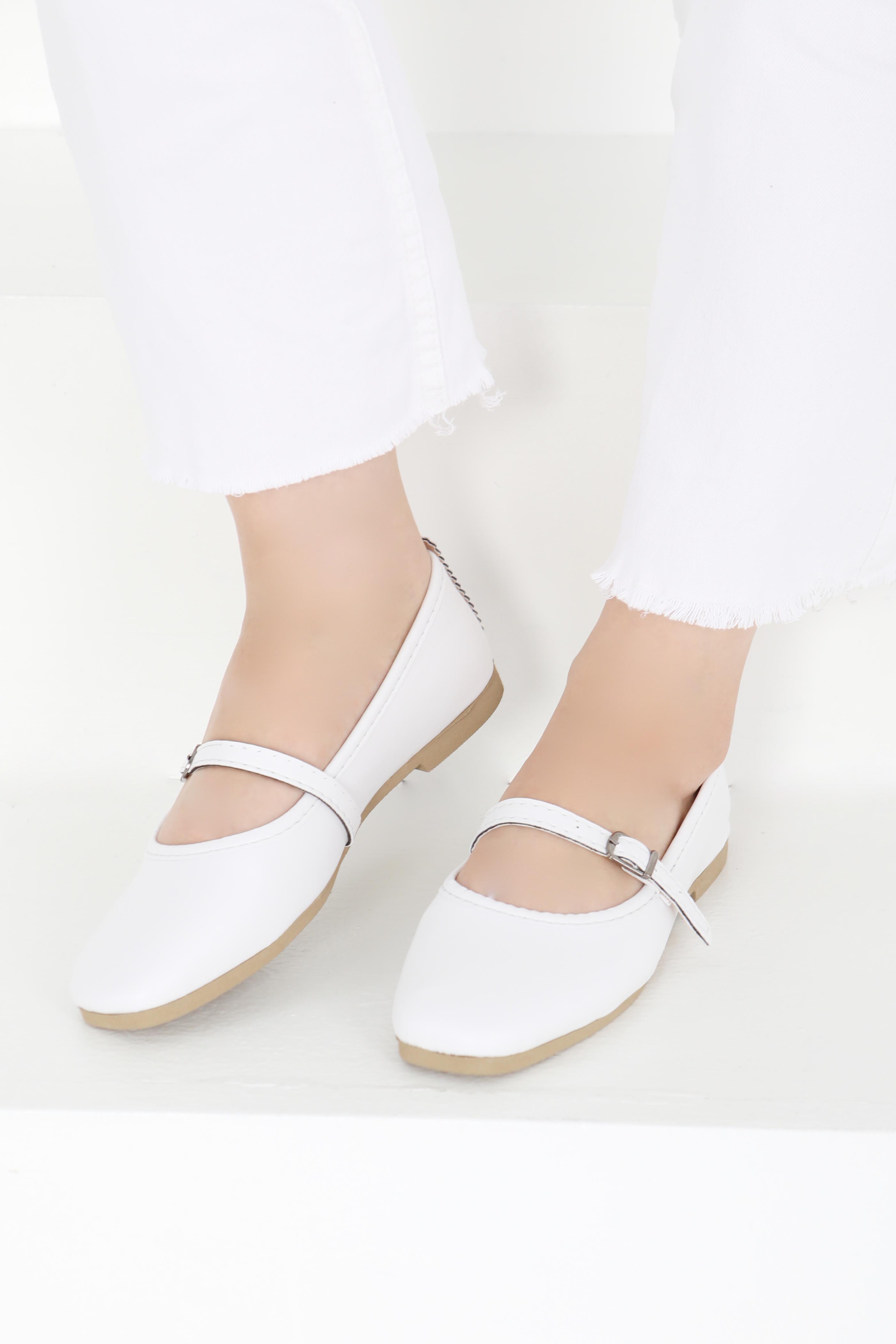 Kadın Beyaz Kemer Tokalı Babet - 27401 - 4