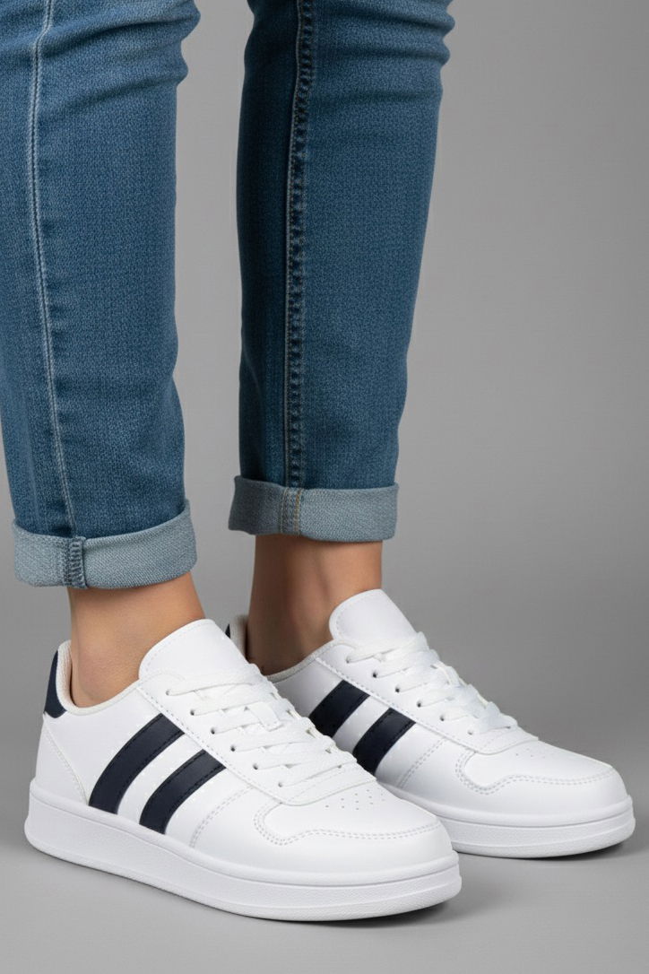 Kadın Beyaz Lacivert Çizgili Suni Deri Spor Ayakkabı - 27888-BEYAZ-LACIVERT - 2