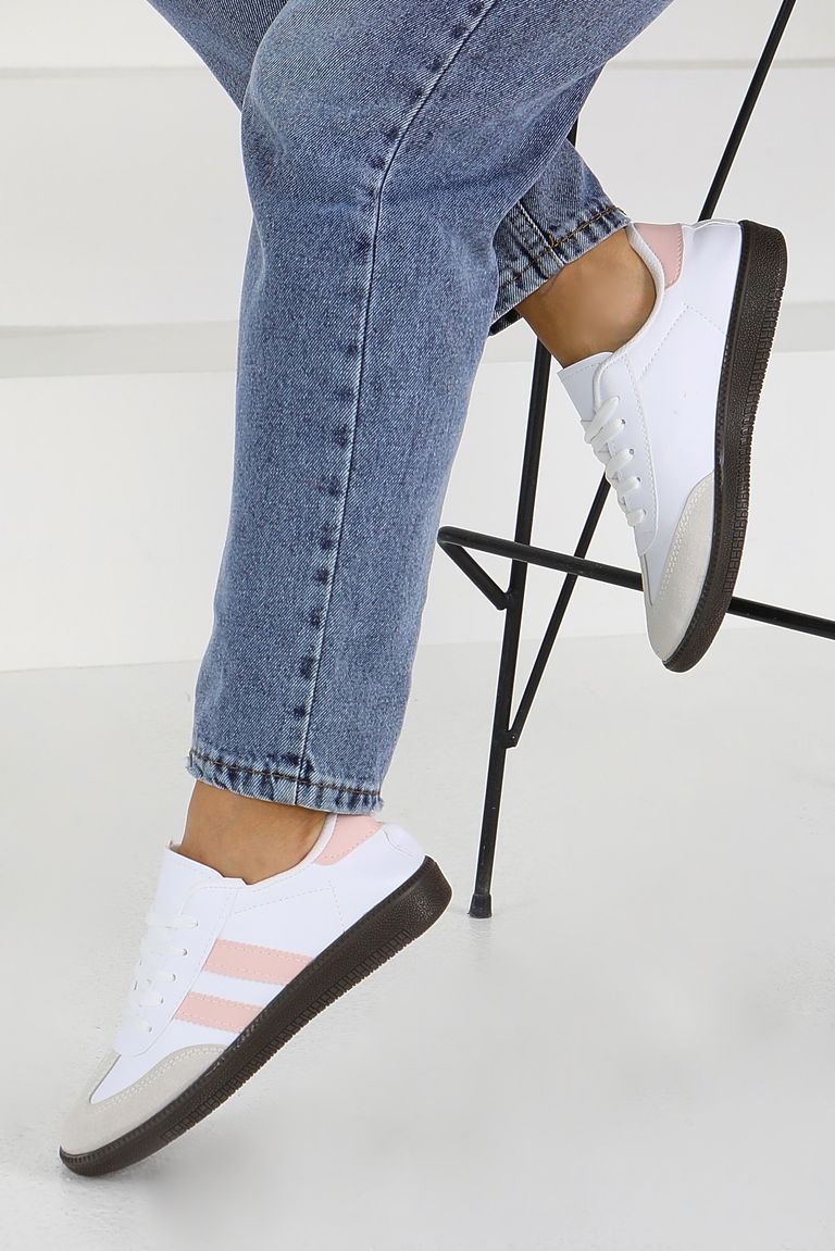 Kadın Beyaz Pembe Suni Deri Spor Ayakkabı - 27702 - TOFİSA